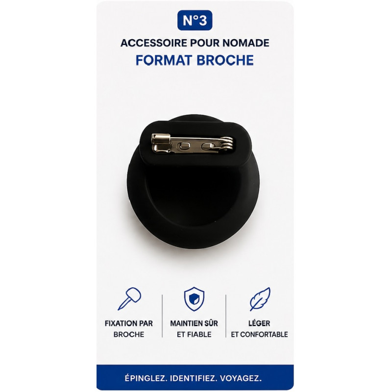 Support pour notre  Nomad Tag équipé d’un fermoir  épingle à nourrice