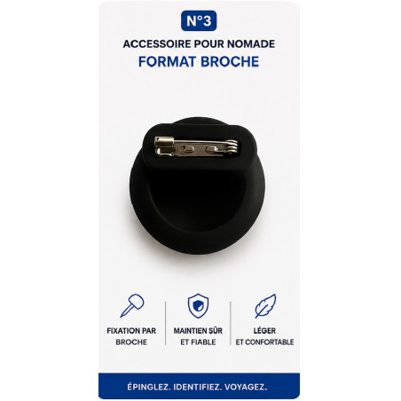 Support pour notre  Nomad Tag équipé d’un fermoir  épingle à nourrice